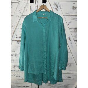 Eileen Fisher Shirt Sz M 100% Organic Irish Linen Button Up Top Aqua Sharkbite